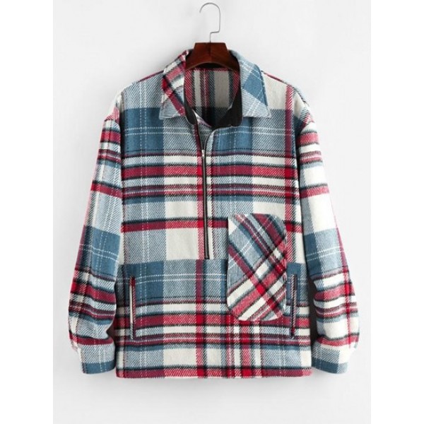 Plaid Print Half Zip Wool Blend Jacket