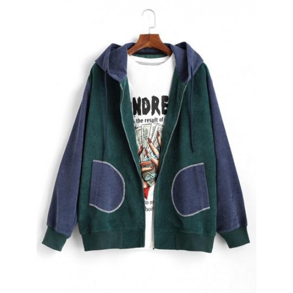 Colorblock Patchwork Corduroy Hooded Zip...