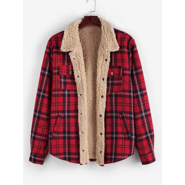 Plaid Print Faux Shearling Fluffy Lined ...