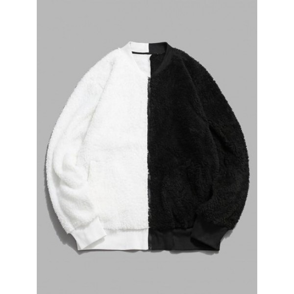 Zip Up Fuzzy Contrast Fleece Fluffy Bomber Jacket