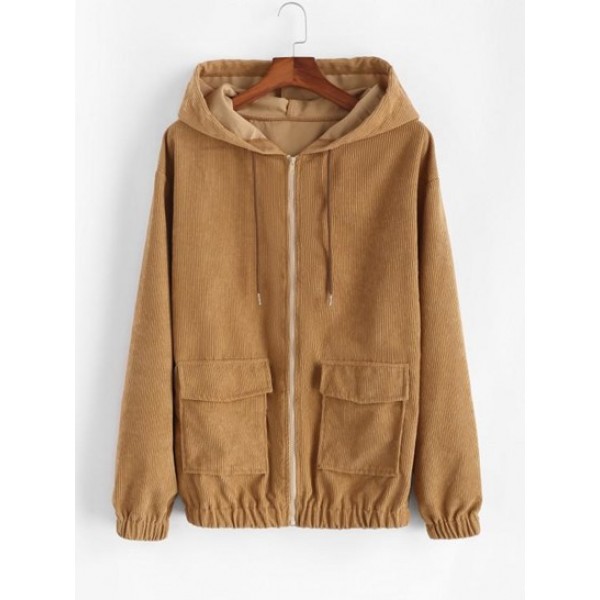 Hooded Double Pockets Zip Corduroy Jacke...