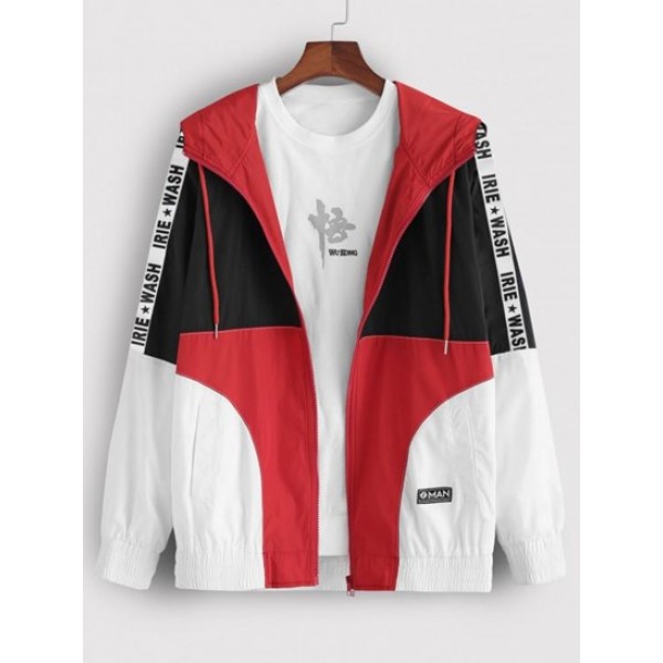 Colorblock Panel Letter Patch Zip Hooded...