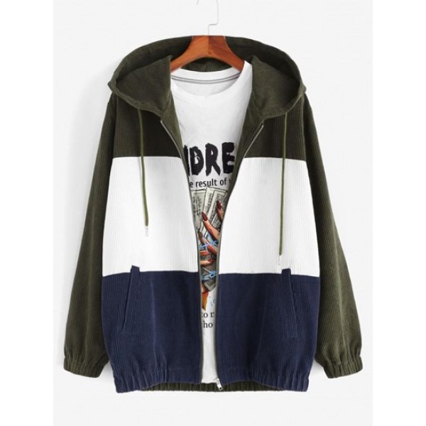 Hooded Drawstring Contrast Corduroy Zip ...