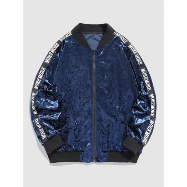 Letter Printed Shiny Velvet Bomber Jacket