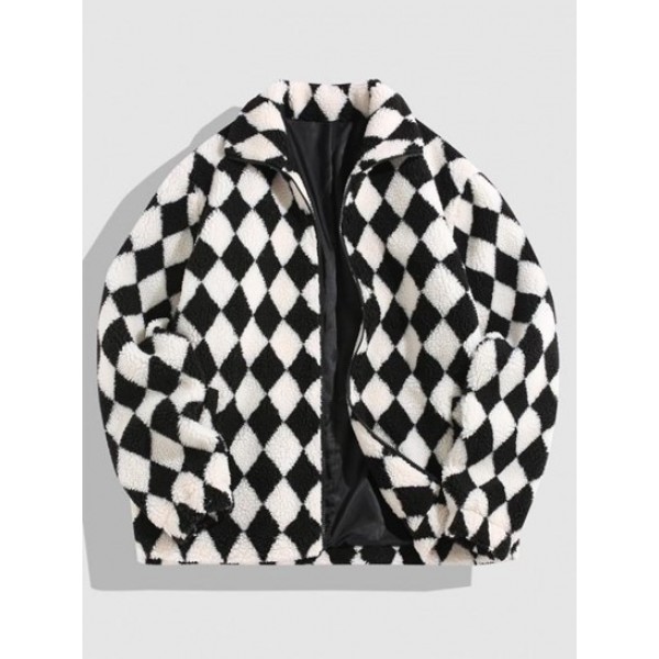 Rhombus Pattern Zip Up Fluffy Fleece Faux Shearling Jacket