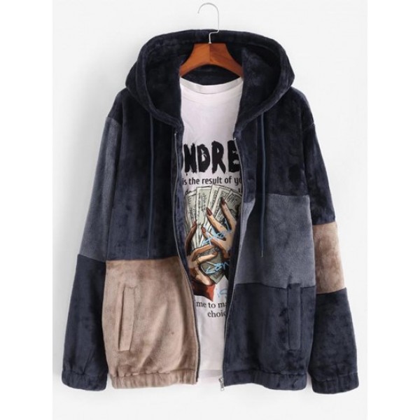 Hooded Zip Up Contrast Fluffy Jacket