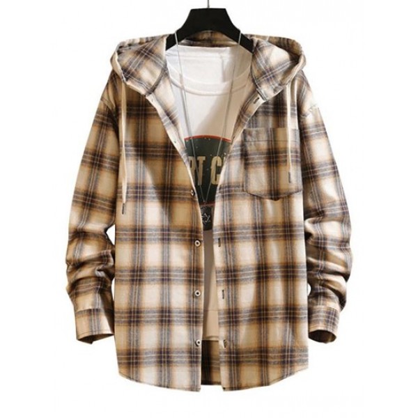 Plaid Pattern Pocket Patch Hooded Shirt ...