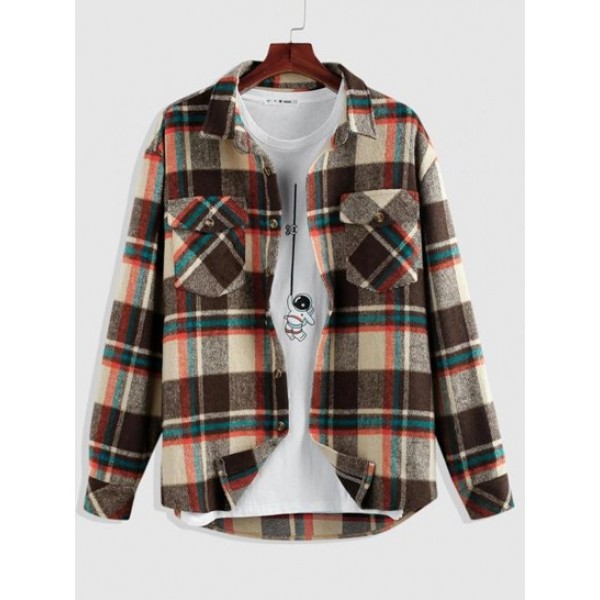 Plaid Print Double Pockets Wool Blend Sh...