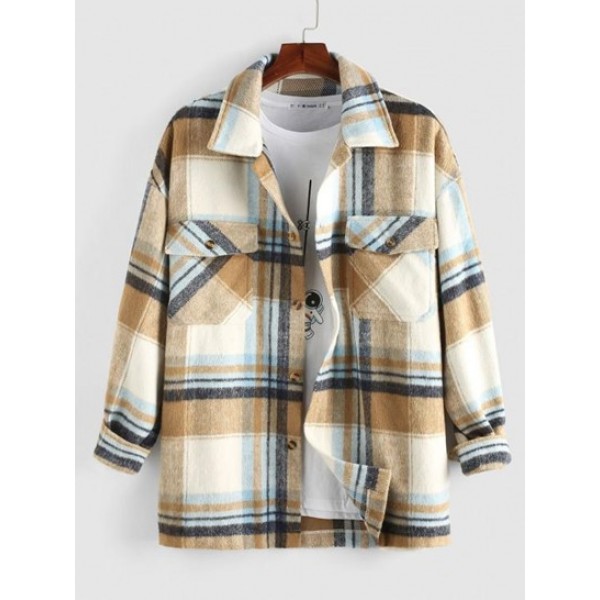 Plaid Printed Double Pockets Wool Blend ...