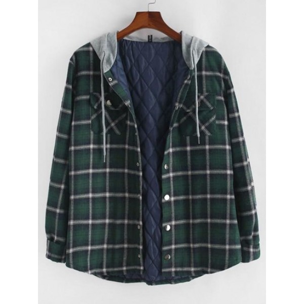 Plaid Print Double Pockets Hooded Flanne...