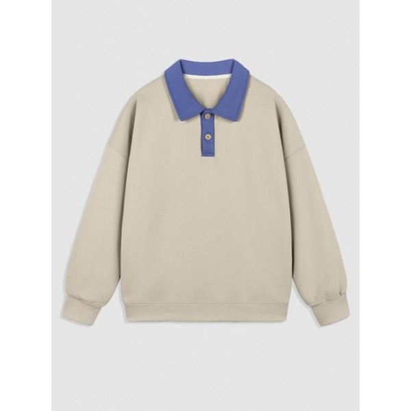 Color Spliced Polo Collar Sweatshirt