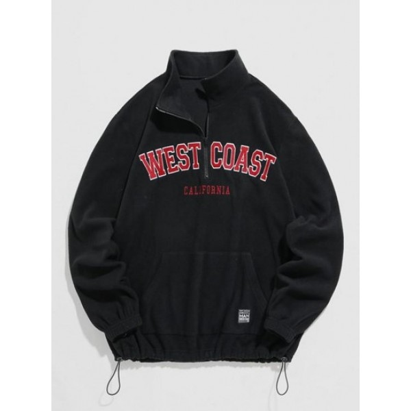 Zipper Design WEST COAST Letter Embroidery Essentials Polar Fleece Sweatshirt