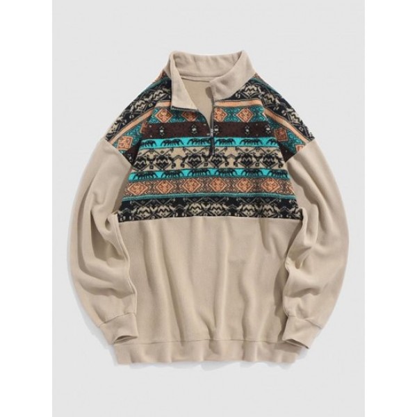 Geometric Ethnic Aztec Printed Quater Zip Fluffy Sweatshirt