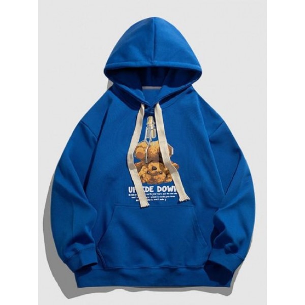 Upside Down Bear Slogan Print Pocket Pullover Hoodie