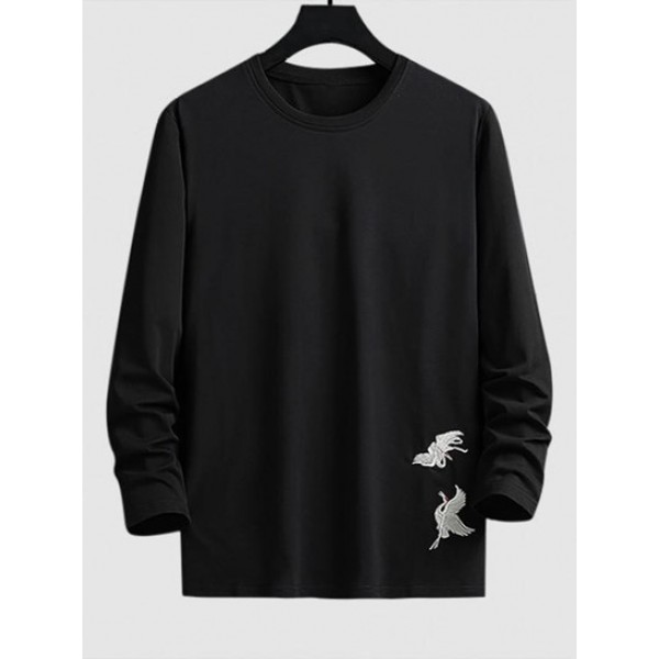 Long Sleeve Crane Embroidered T Shirt