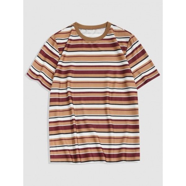 Striped Print Ribbed Collar Casual T-shi...