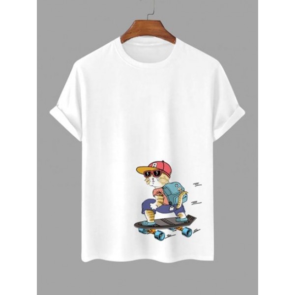 Cartoon Cat Skateboarding Short Sleeves ...