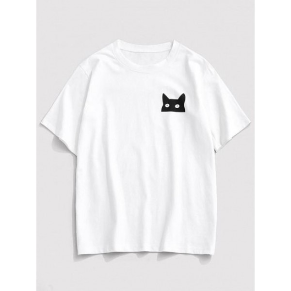 Cartoon Cat Print Basic T-shirt