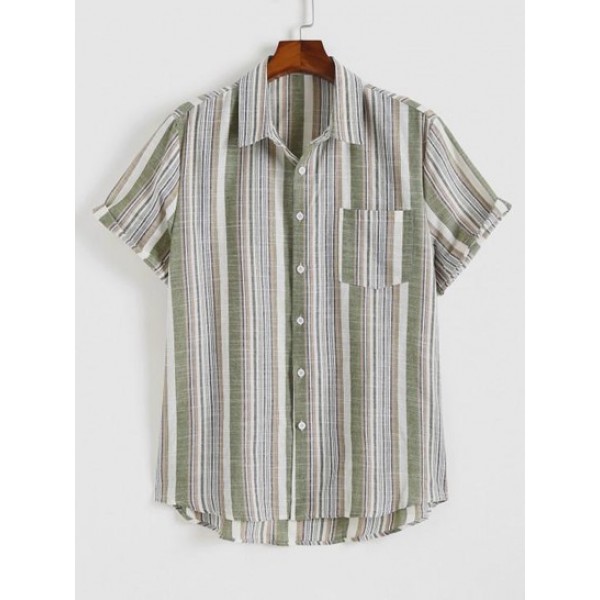 Button Up Balanced Vertical Stripe Print Short Sleeve Pocket Shirt