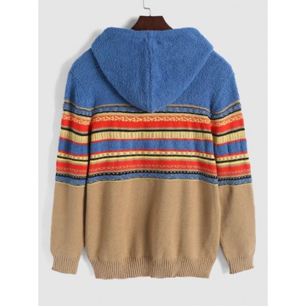 Ethnic Printed Button Design Hooded Sweater