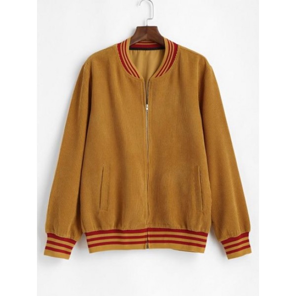 Corduroy Stripes Print Zip Bomber Jacket