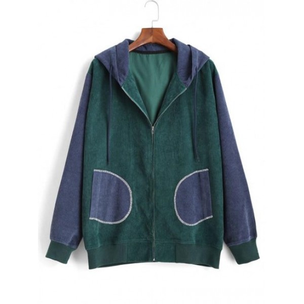 Colorblock Patchwork Corduroy Hooded Zip Jacket