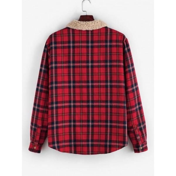 Plaid Print Faux Shearling Fluffy Lined Shirt Jacket