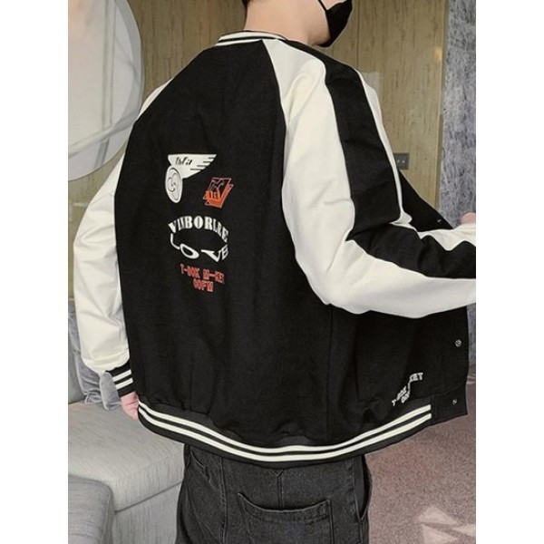 Striped Two Tone Snap Button Graphic Baseball Varsity Jacket