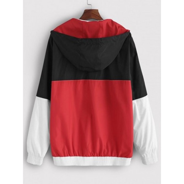 Colorblock Panel Letter Patch Zip Hooded Jacket