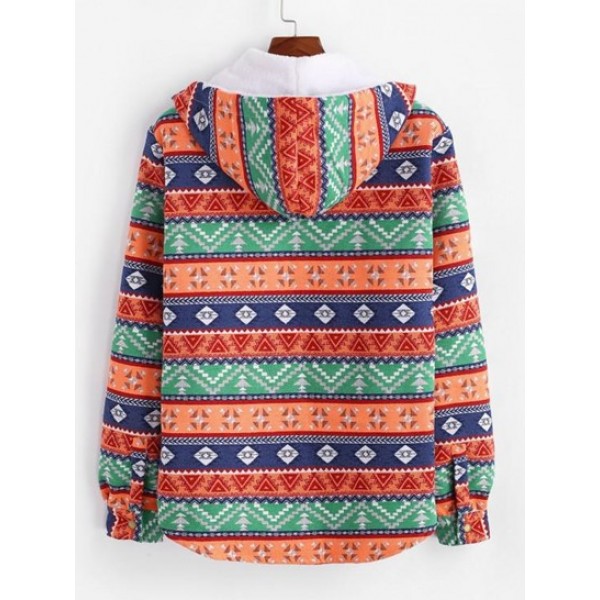 Tribal Ethnic Aztec Printed Fluffy Lined Hooded Shirt Jacket