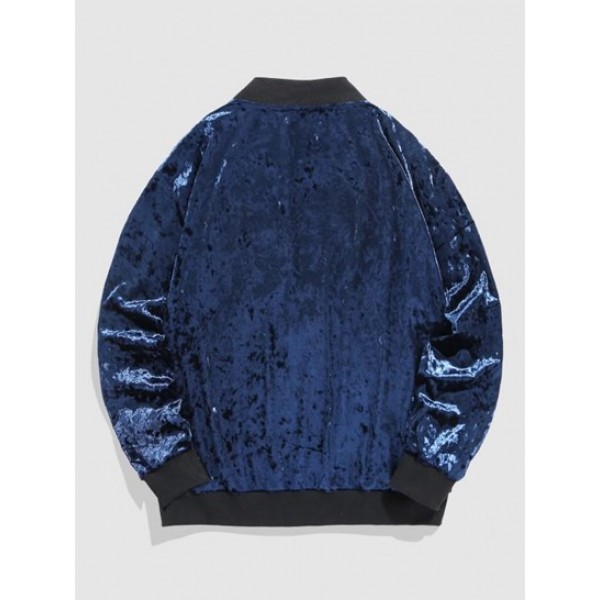 Letter Printed Shiny Velvet Bomber Jacket