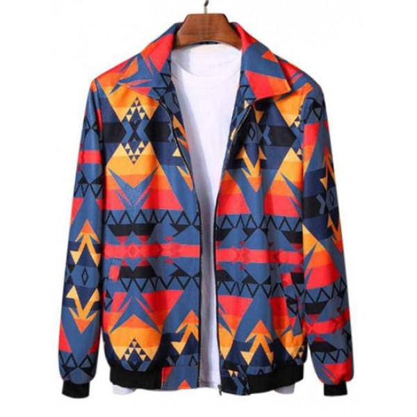 Zip Streetwear Geometric Ethnic Aztec Printed Rib-knit Trim Jacket