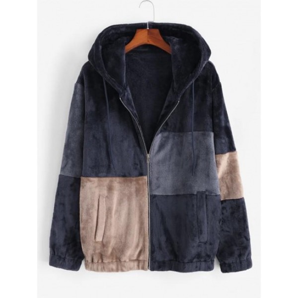 Hooded Zip Up Contrast Fluffy Jacket