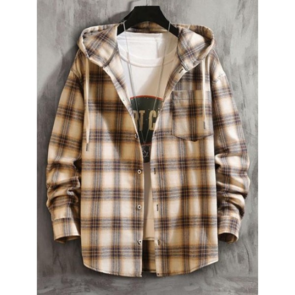 Plaid Pattern Pocket Patch Hooded Shirt Jacket