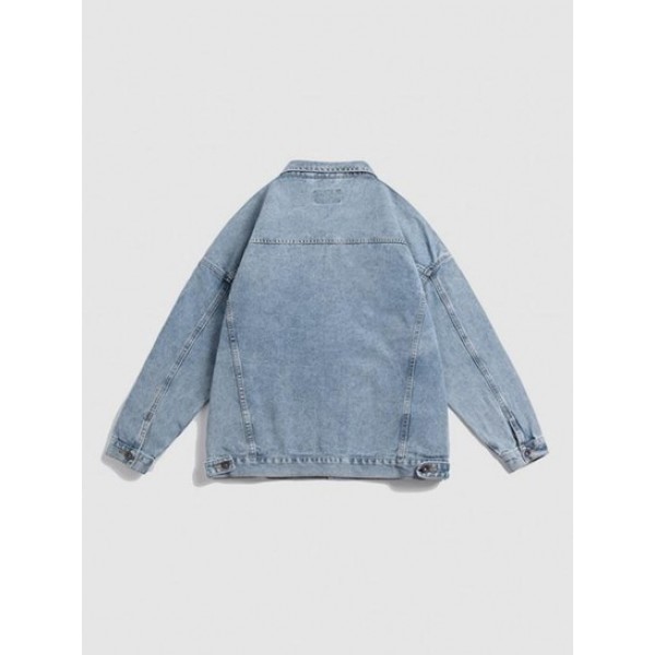 Button Fly Letter Embroidered Front Pocket Design Denim Jacket