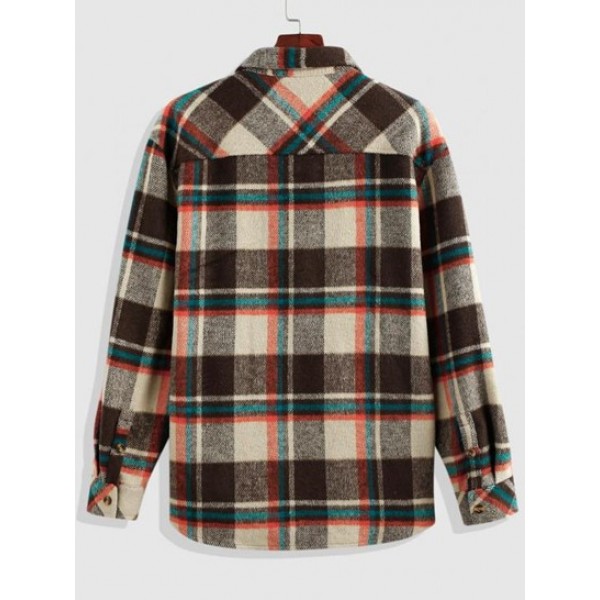 Plaid Print Double Pockets Wool Blend Shacket