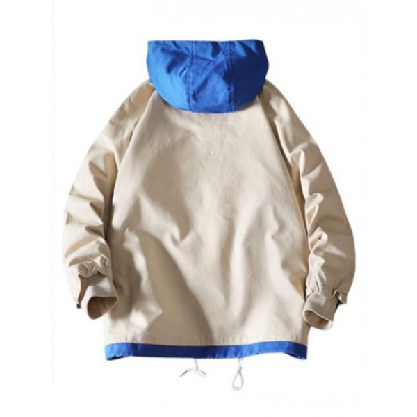 Colorblock Flap Pocket Raglan Sleeve Hooded Jacket