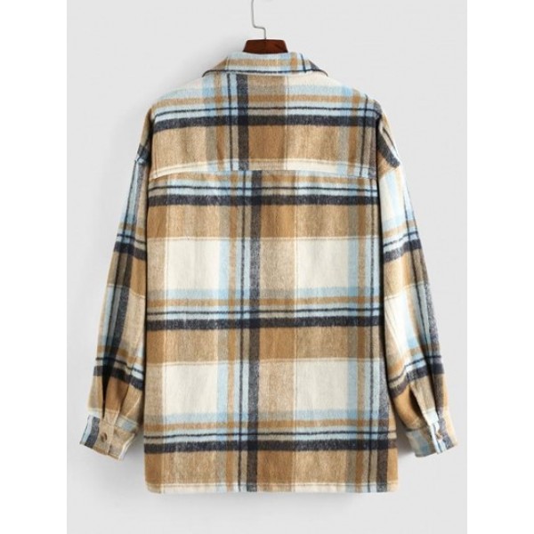 Plaid Printed Double Pockets Wool Blend Shacket