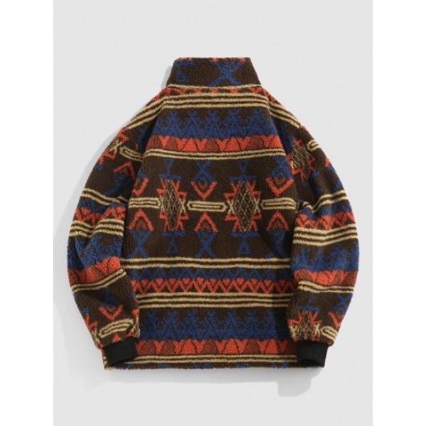 Tribal Ethnic Aztec Printed Faux Shearling Zip Fluffy Jacket