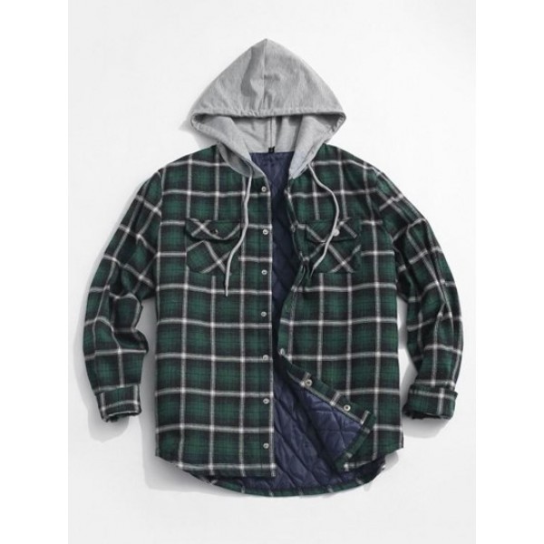 Plaid Print Double Pockets Hooded Flannel Padded Jacket