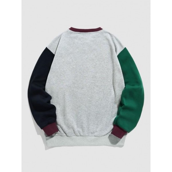 Colorblock Fleece-lined BROOKLYN Letter Printed Sweatshirt