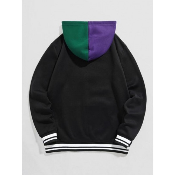 Letter Paris Embroider Fleece-lined Colorblock Hoodie