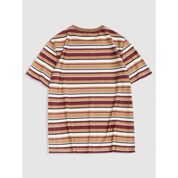 Striped Print Ribbed Collar Casual T-shirt