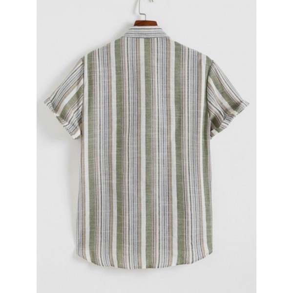 Button Up Balanced Vertical Stripe Print Short Sleeve Pocket Shirt