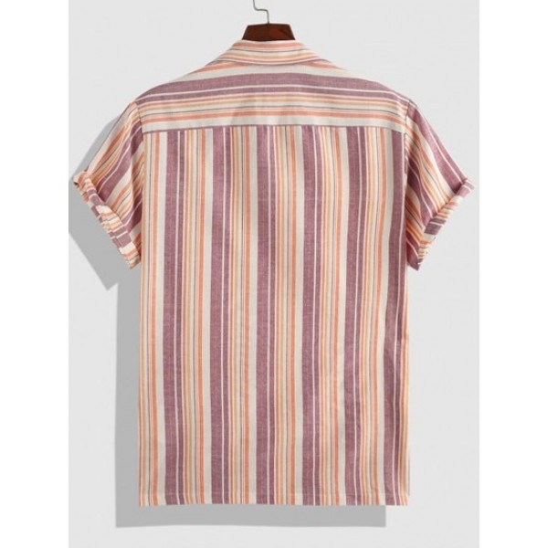 Button Up Stripe Print Short Sleeve Shirt