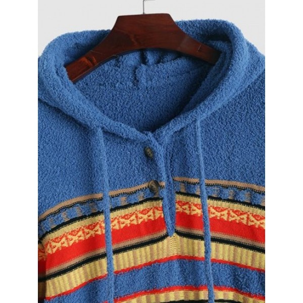 Ethnic Printed Button Design Hooded Sweater