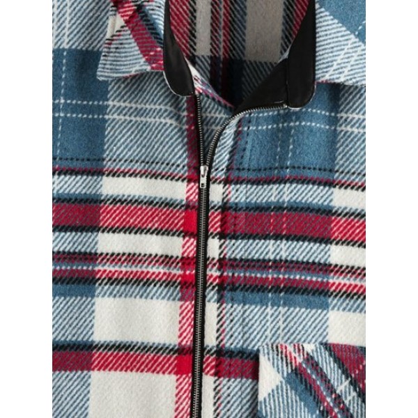 Plaid Print Half Zip Wool Blend Jacket