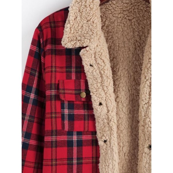 Plaid Print Faux Shearling Fluffy Lined Shirt Jacket