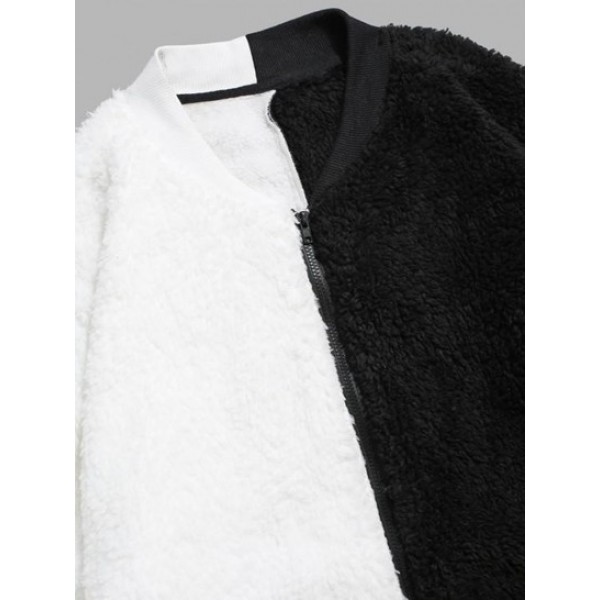 Zip Up Fuzzy Contrast Fleece Fluffy Bomber Jacket