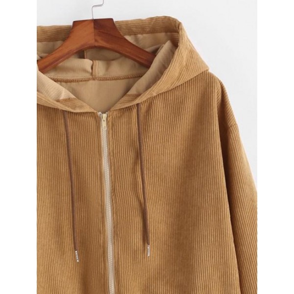 Hooded Double Pockets Zip Corduroy Jacket